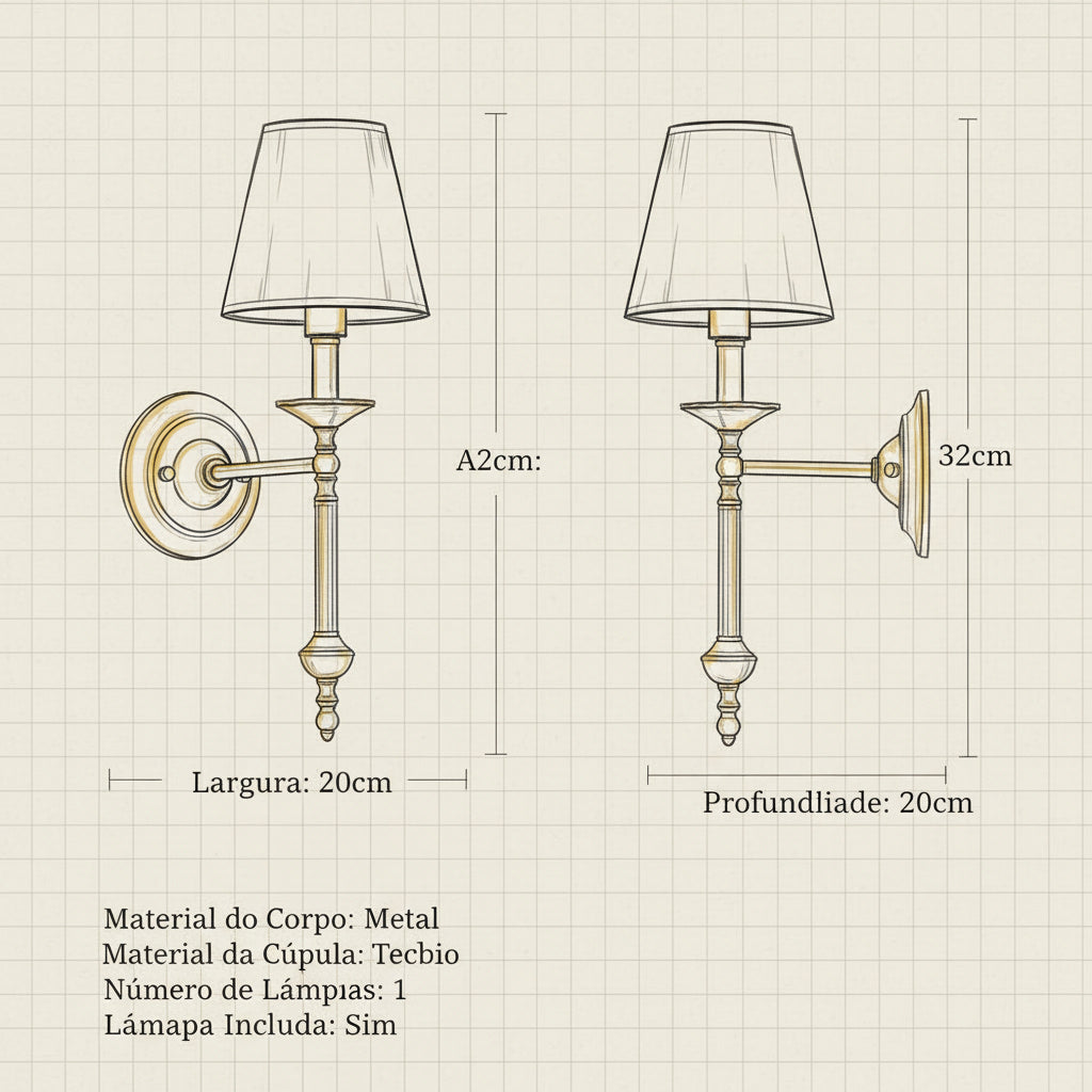 Arandela de Parede Tocheiro Dourada Classic Luminária