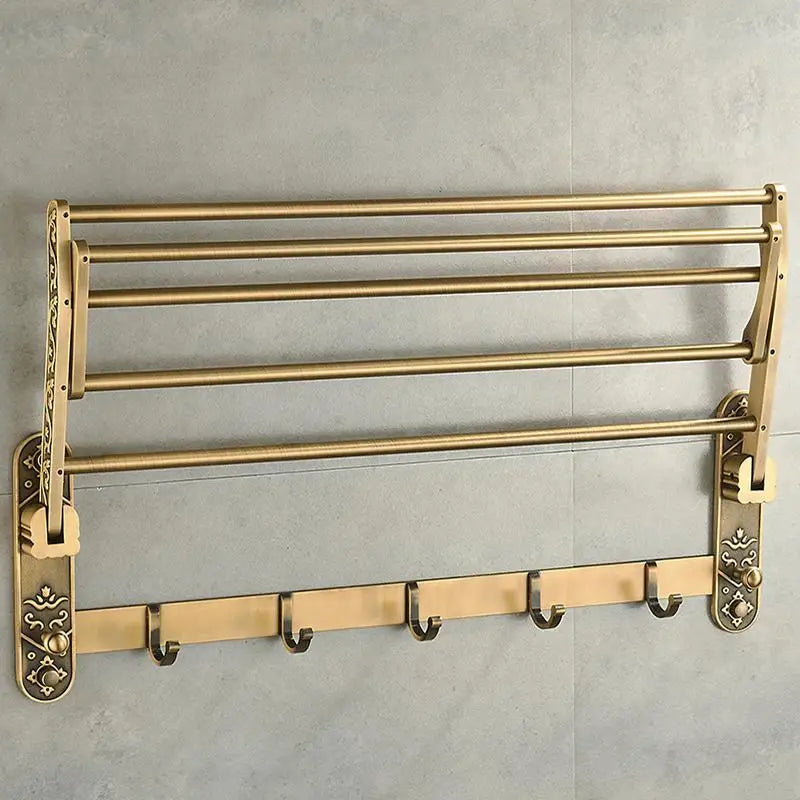 Toalheiro de Banho Dobrável Bronze Vintage com Prateleira Dupla e Ganchos
