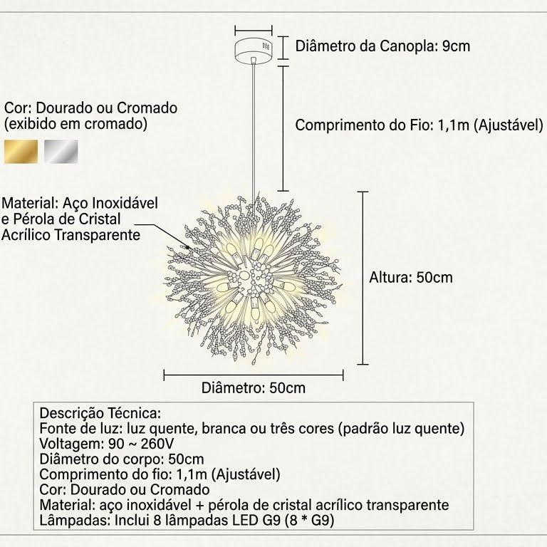 Lustre Moderno de Cristal Dente de Leão 50cm Pendente Cromado e Dourado