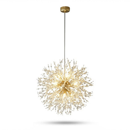 Lustre Moderno de Cristal Dente de Leão 50cm Pendente Cromado e Dourado