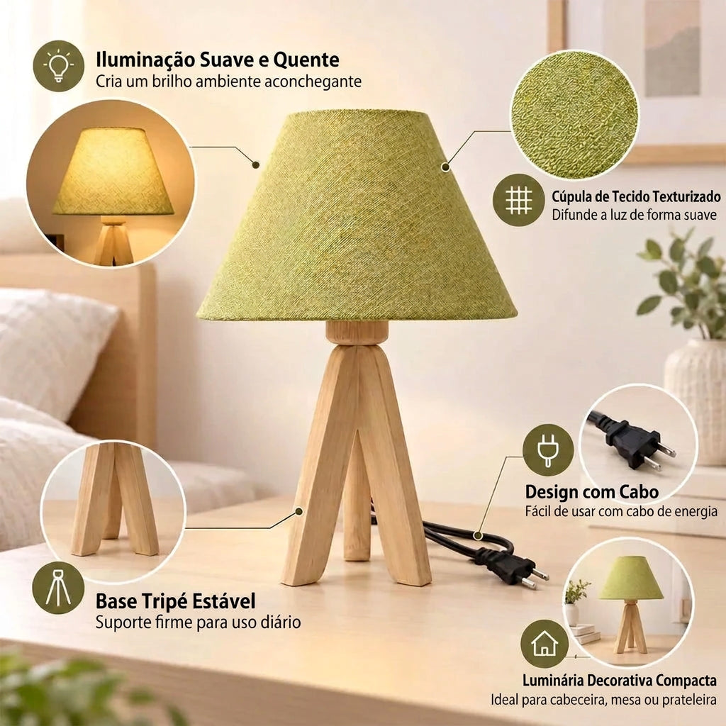 Abajur Eco Gree Madeira e Linho Verde Luminária de Mesa