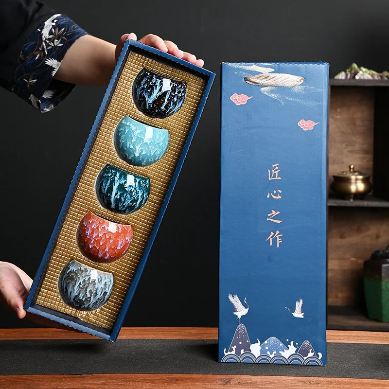 Kit Kung Fu - 5 Xícaras de Chá de Cerâmica em Cores Variadas
