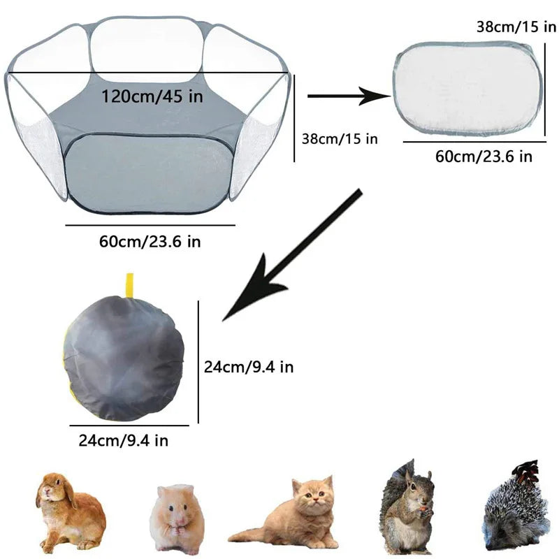 Cercado Portátil Transparente para Pequenos Animais – Cercado Dobrável Tipo Tenda para Cachorro, Hamster, Coelho, Porquinho-da-Índia
