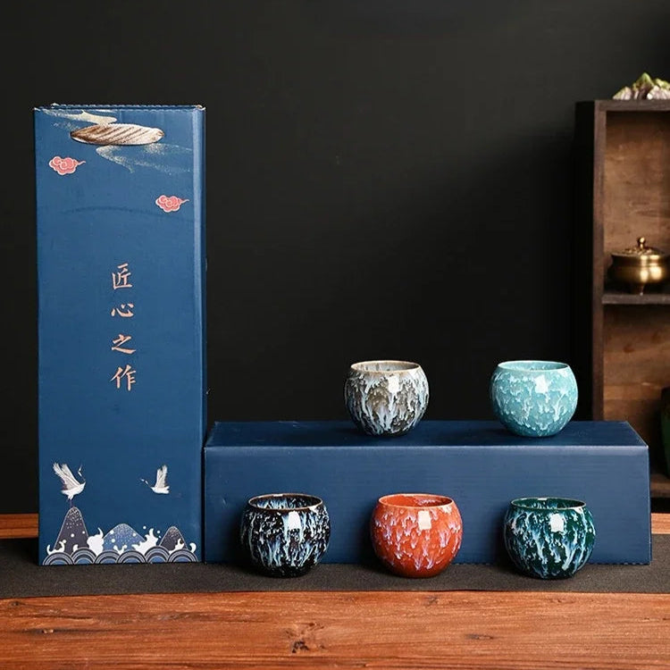 Kit Kung Fu - 5 Xícaras de Chá de Cerâmica em Cores Variadas