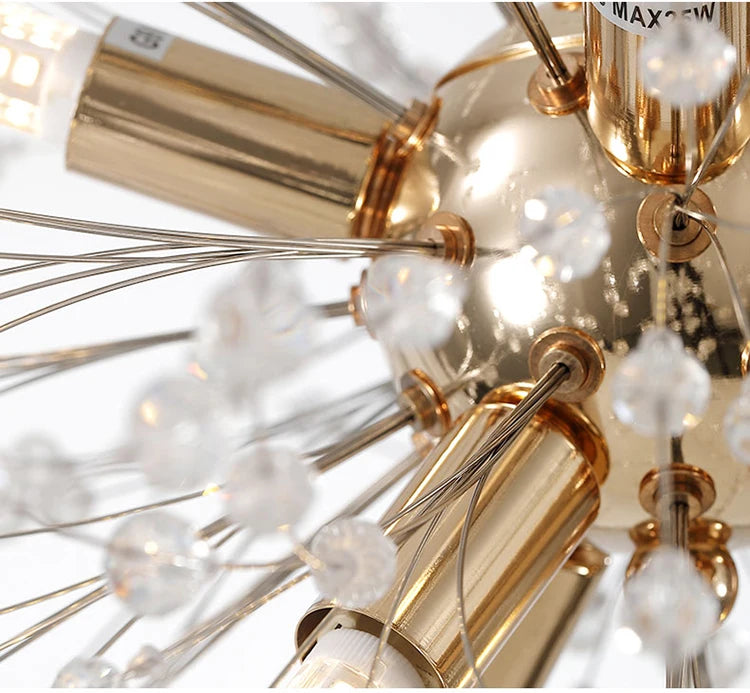 Lustre Moderno de Cristal Dente de Leão 50cm Pendente Cromado e Dourado