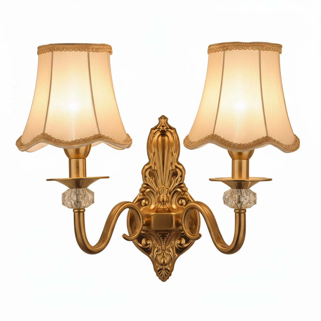 Arandela Tocheiro Dourado Vintage com Cúpula de Tecido – 1 ou 2 Cúpulas