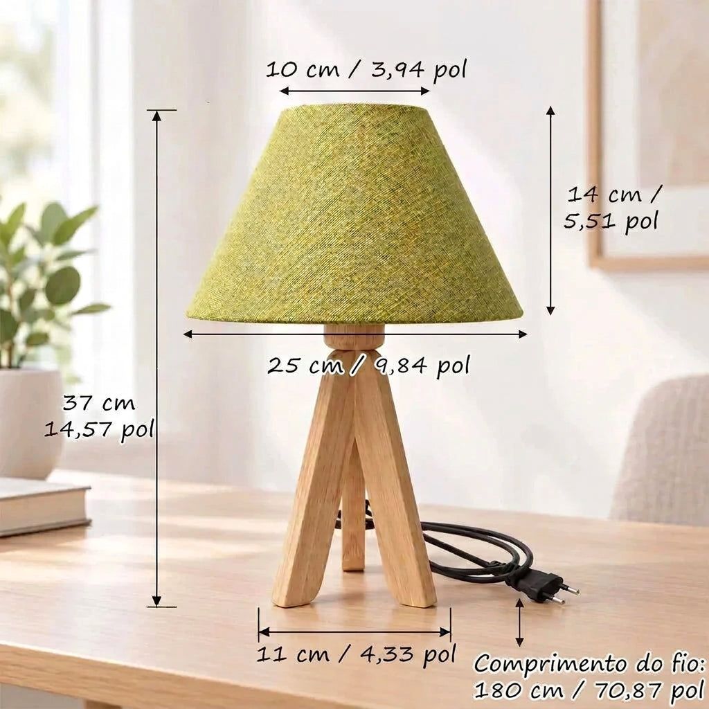 Abajur Eco Gree Madeira e Linho Verde Luminária de Mesa