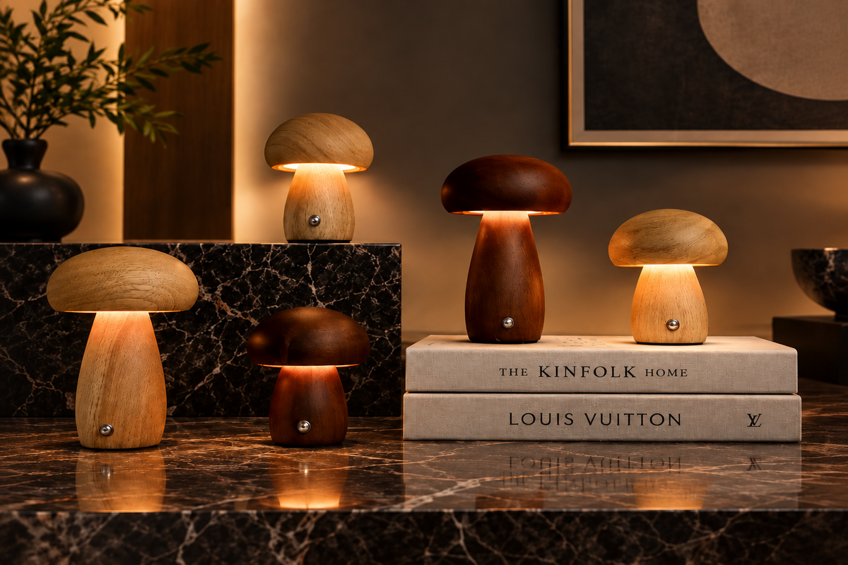 Luminária de Mesa Cogumelo em Madeira – Luz Regulável, Carregamento USB e Design Sofisticado