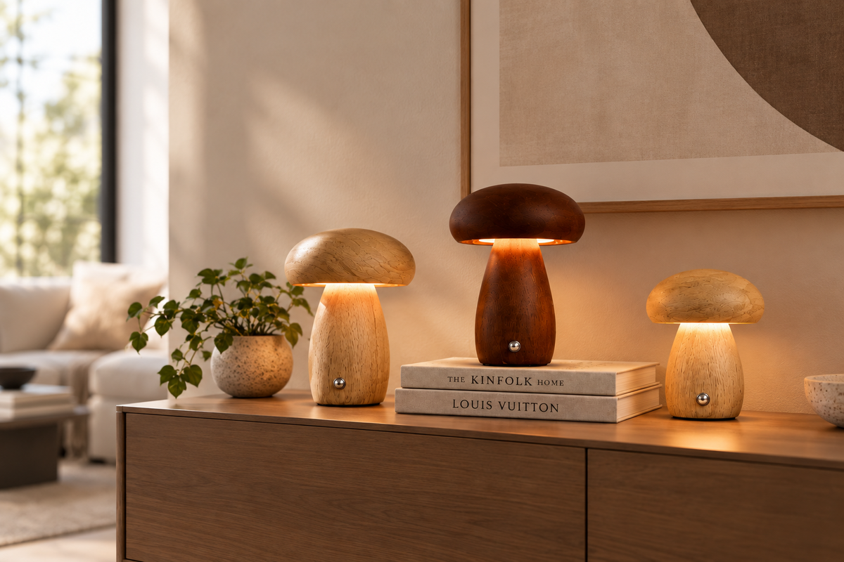 Luminária de Mesa Cogumelo em Madeira – Luz Regulável, Carregamento USB e Design Sofisticado