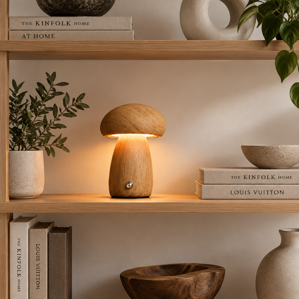 Luminária de Mesa Cogumelo em Madeira – Luz Regulável, Carregamento USB e Design Sofisticado