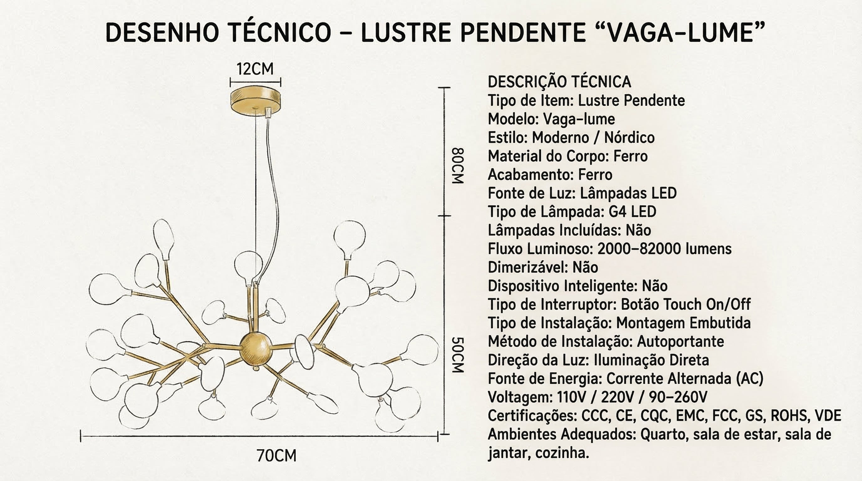 Lustre Pendente Firefly 70cm LED Decorativo Para Hoteis, Restaurante Quarto e Sala