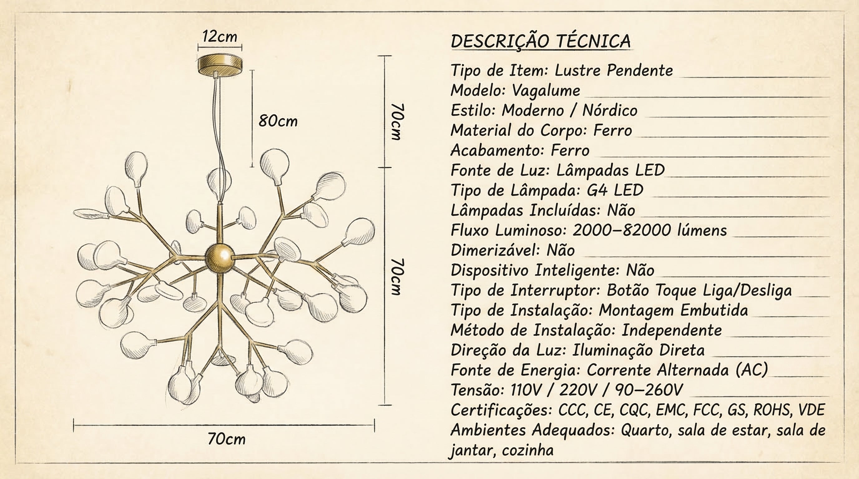Lustre Pendente Firefly 70cm LED Decorativo Para Hoteis, Restaurante Quarto e Sala