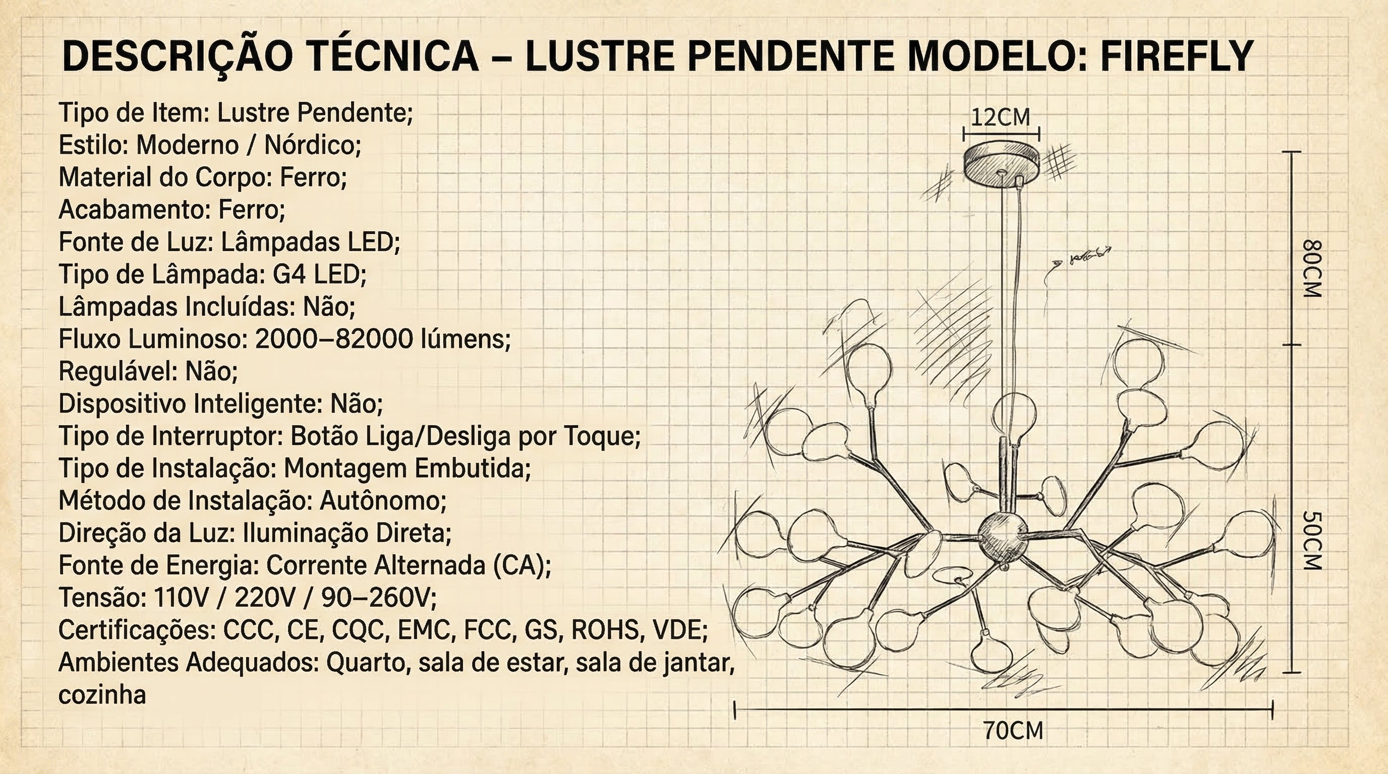Lustre Pendente Firefly 70cm LED Decorativo Para Hoteis, Restaurante Quarto e Sala