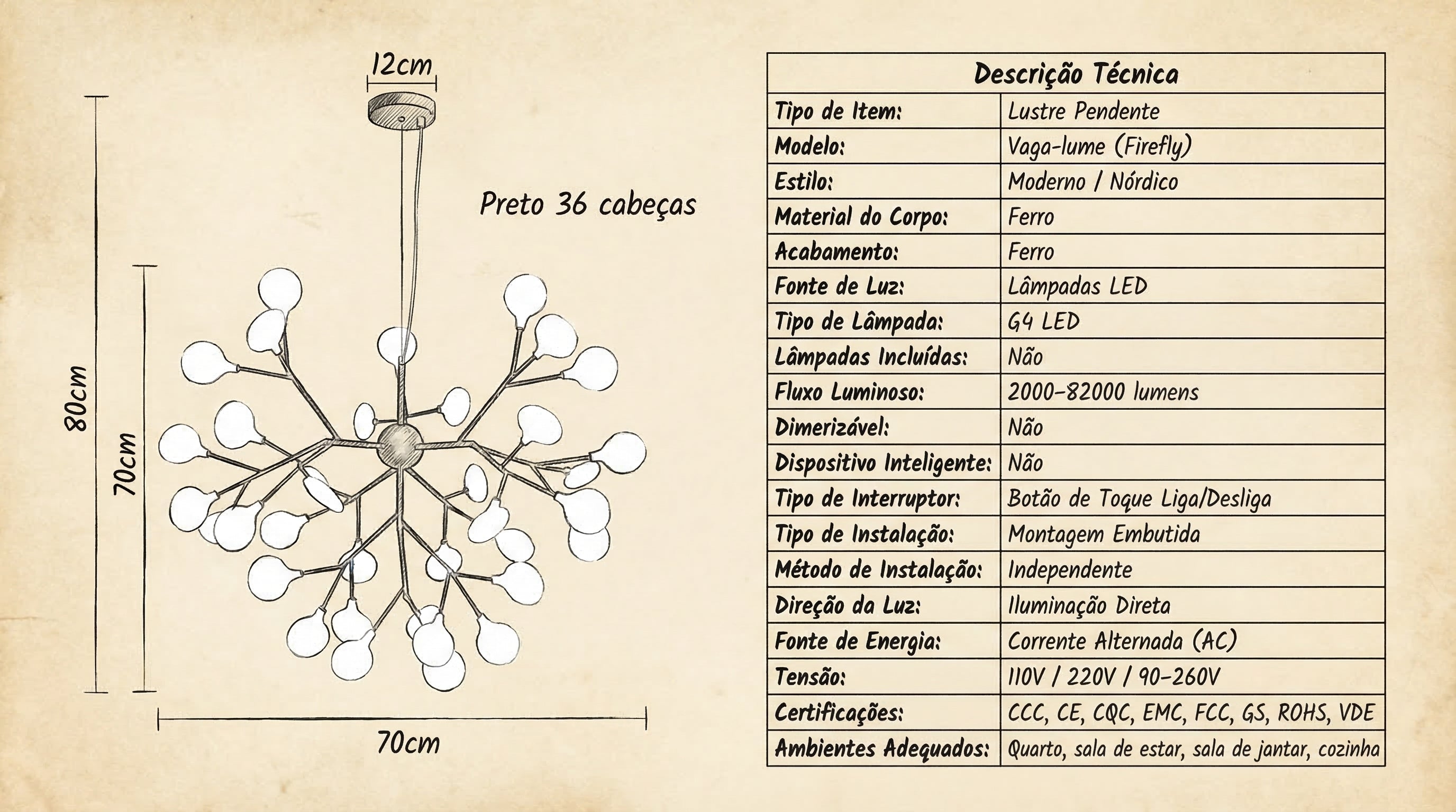 Lustre Pendente Firefly 70cm LED Decorativo Para Hoteis, Restaurante Quarto e Sala