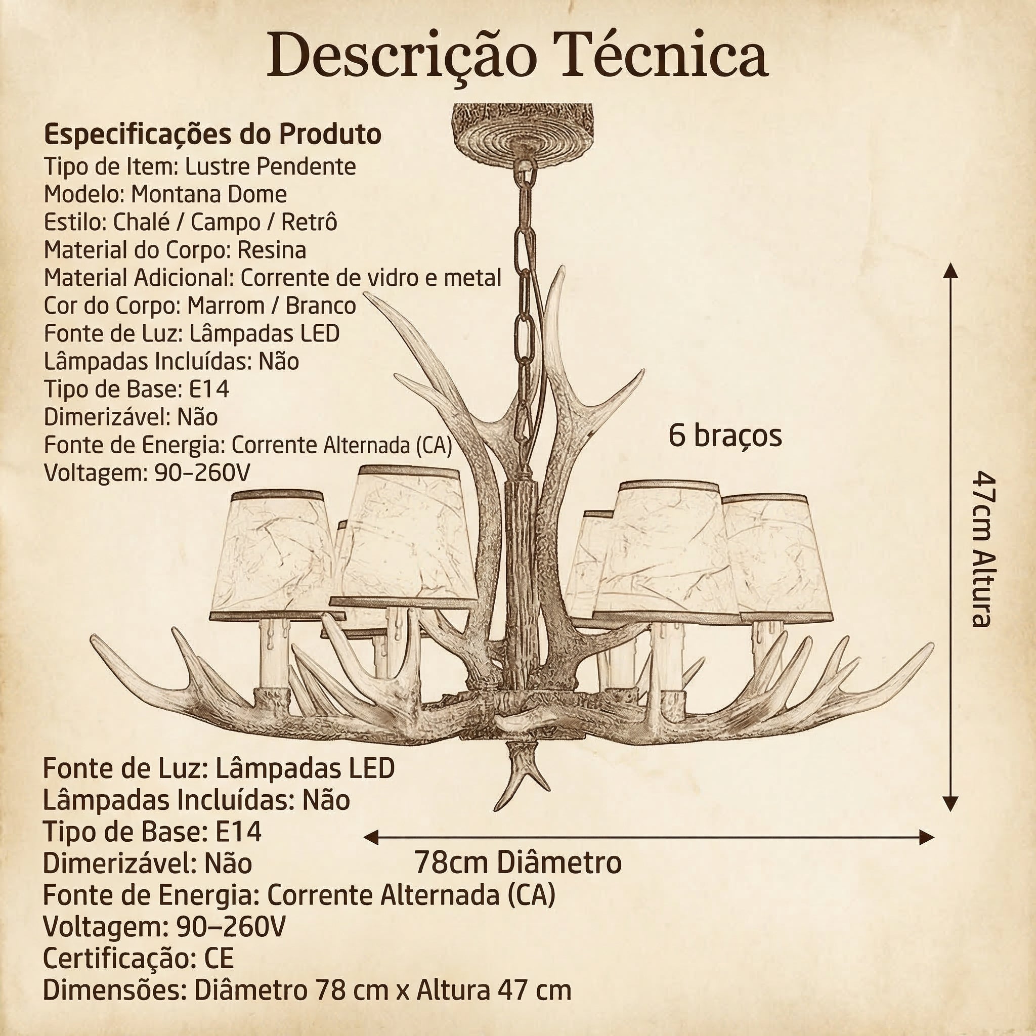 Montana Lustre Pendente 6 Cúpulas Estilo Chalé Retrô