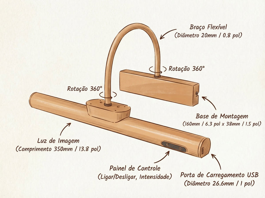 Dimensões e controle da Arandela Recarregável