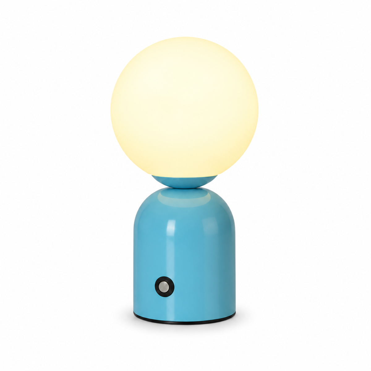 Abajur de mesa Capsule LED recarregável na cor azul, com globo iluminado e fundo branco