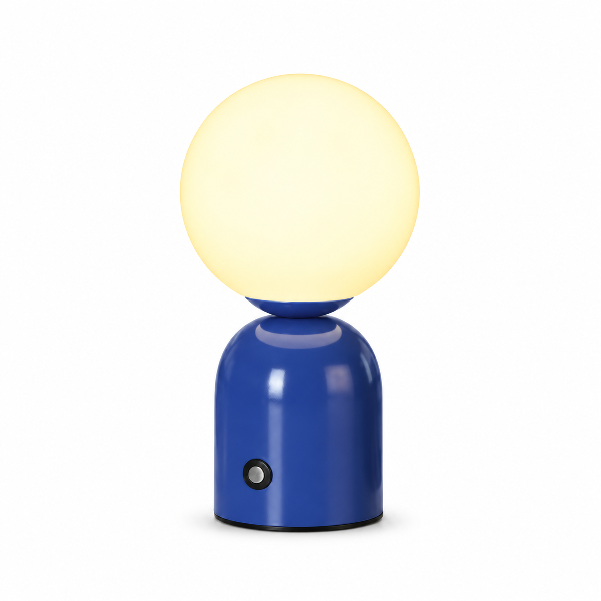 Abajur de mesa Capsule LED recarregável azul-escuro, com globo iluminado e fundo branco