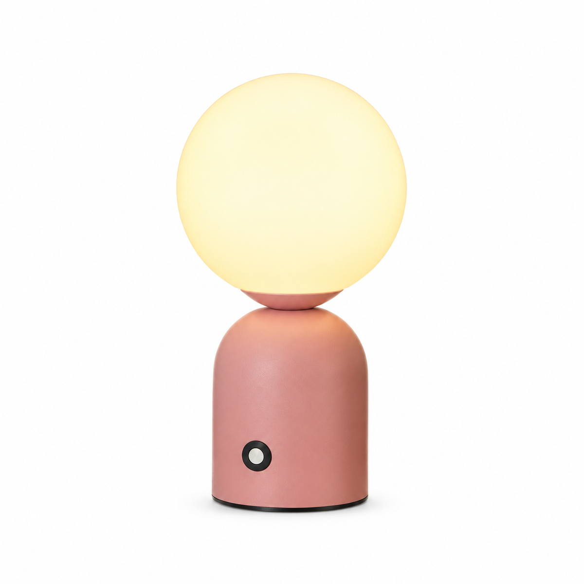Abajur de mesa Capsule LED recarregável na cor rosa, com globo iluminado e fundo branco