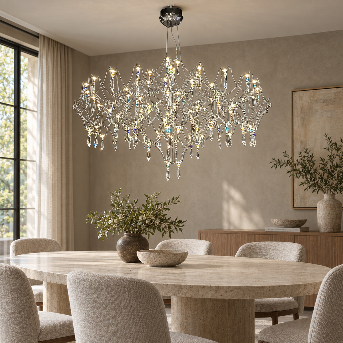 Lustre Vaga-lume cromado sobre mesa de jantar