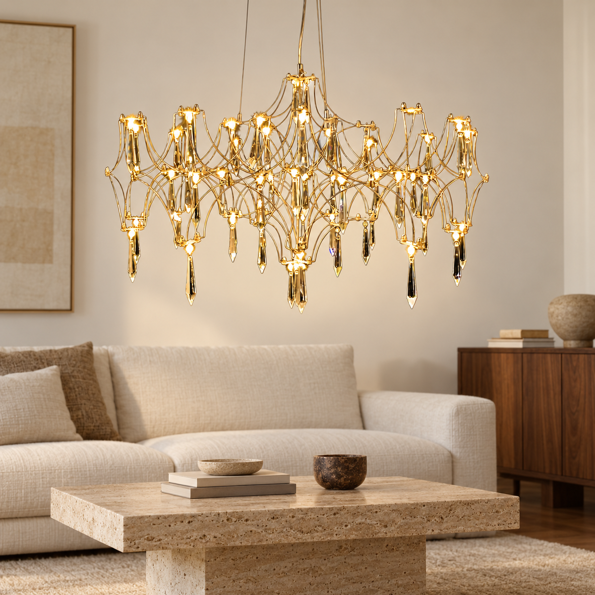 Lustre Vaga-lume dourado em sala de estar com tons neutros