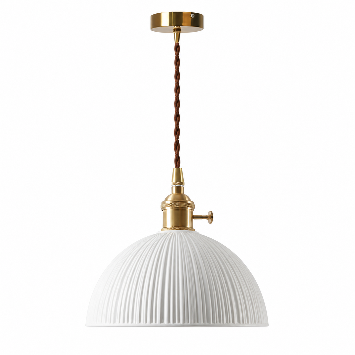 Pendente de Cerâmica Vintage Branco meia cúpula canelado — 19,5 cm em fundo branco