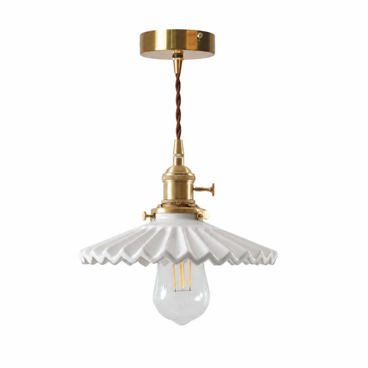 Pendente de cerâmica vintage branco plissado de 21 cm em fundo branco