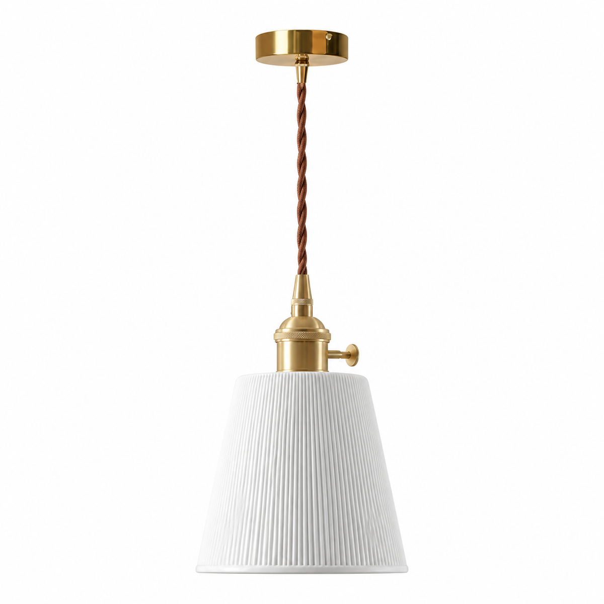 Pendente de Cerâmica Vintage Branco cônico estriado — 13 cm em fundo branco