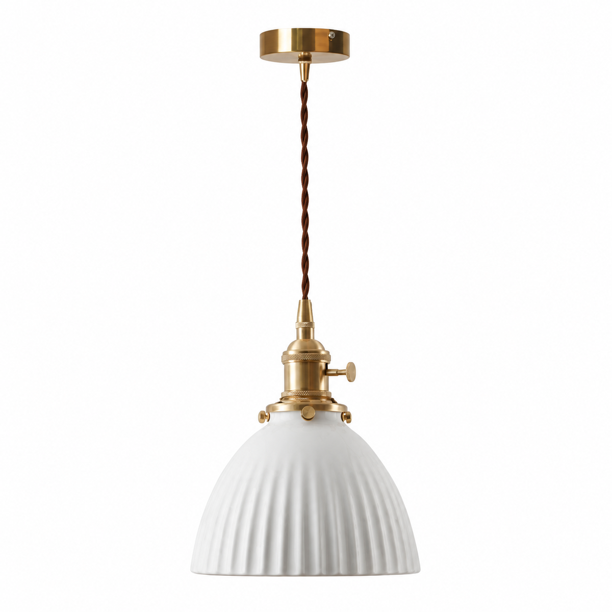 Pendente de Cerâmica Vintage Branco campânula canelado — 17,5 cm em fundo branco