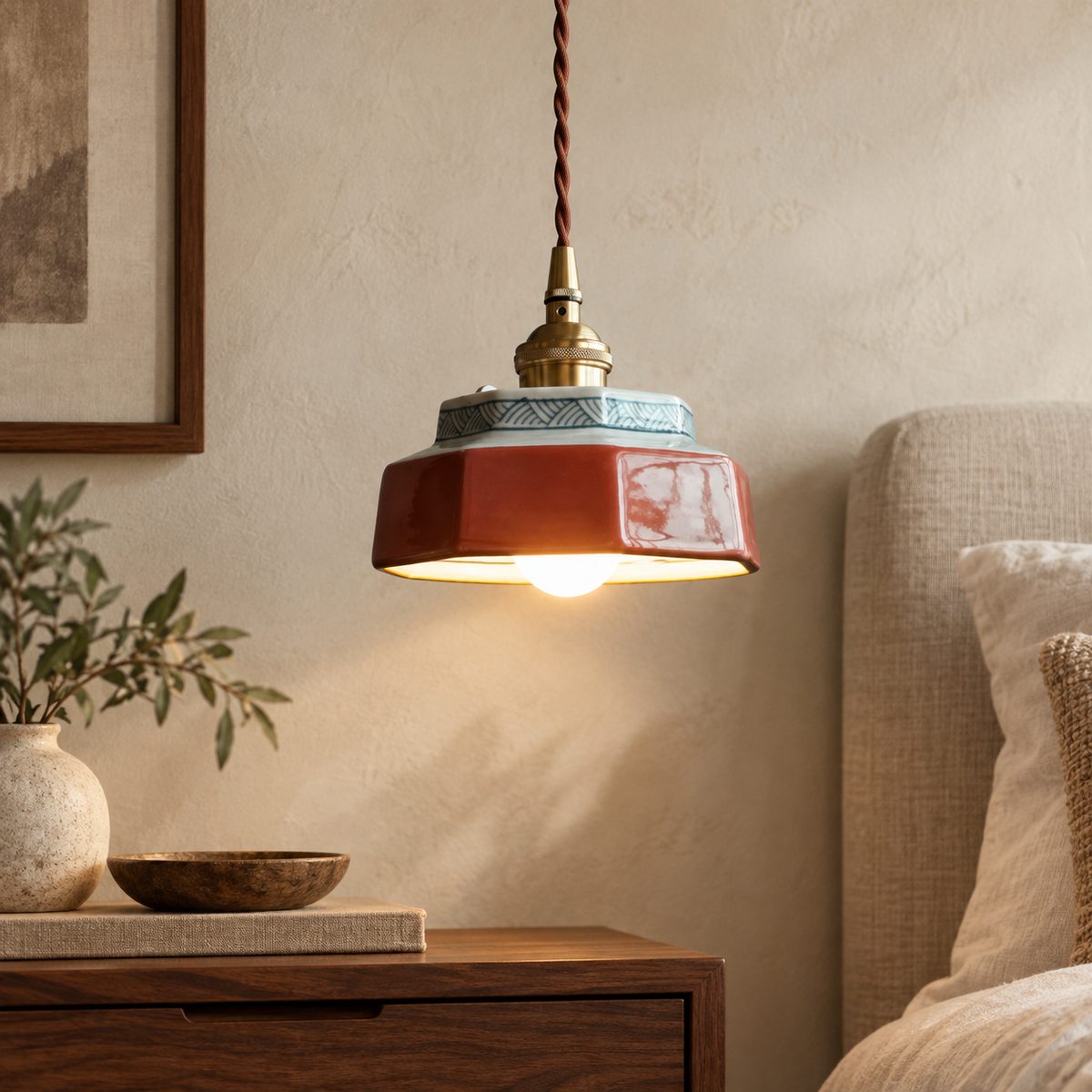 Pendente de cerâmica vintage vermelho decorado em quarto com madeira e linho
