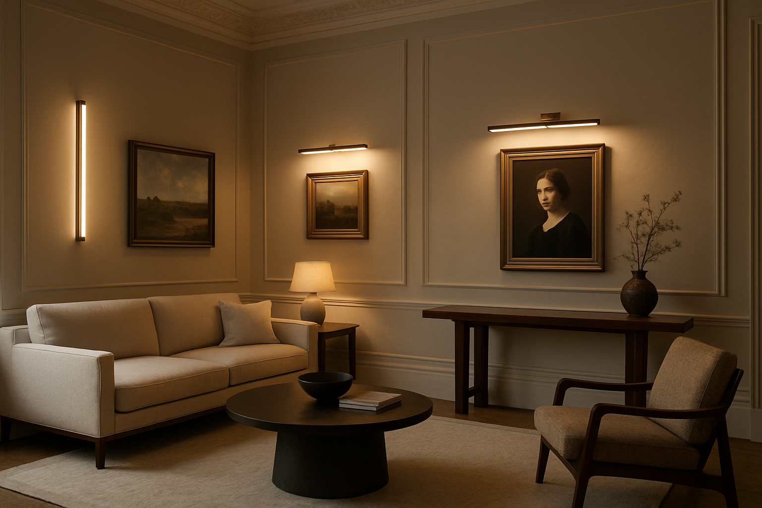 um ambiente moderno, contemporaneo, com elementos classicos com iluminaçao de artandelas lineares e tocheiros para quadros